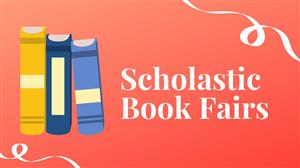 "Scholastic Book Fairs" with books on the left and a red background "Scholastic Book Fairs" with books on the left and a red background